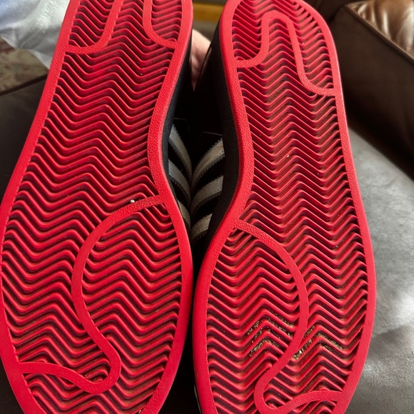 Adidas Black Superstar Sneakers with White Stripes and Red Sole Size 10 - Picture 5 of 9